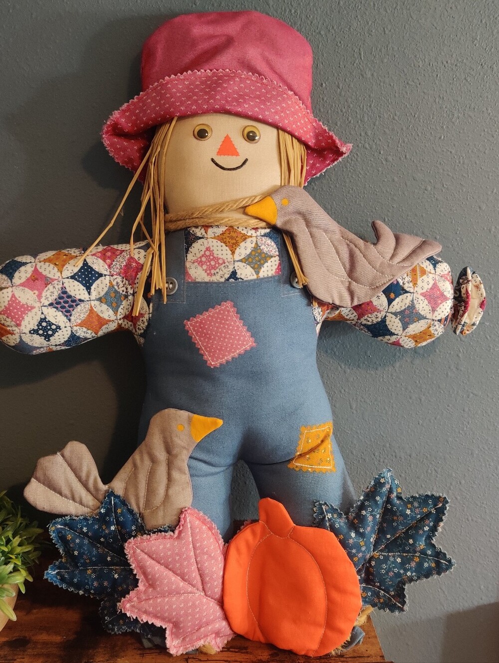 Fall Harvest Scarecrow Fabric Figurine 19" Freestanding Pumpkin Leaves vintage